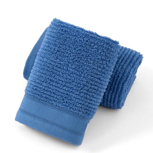 YiLUOMO 100% Cotton Blue Hand Towel Set of 2 Ribbed Striped Pattern Soft Absorbent Decorative Towel for Bathroom 13 x 29 Inch