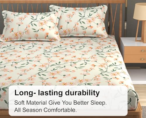 Image of FRESH FROM LOOM King Size Microfiber Floral Print Fitted Bedsheet - 240 TC, Hypoallergenic, Includes 2 Pillow Covers (Size - 78 x 72 Inches (Fits up to 10 Inch) | Barely-Peach)