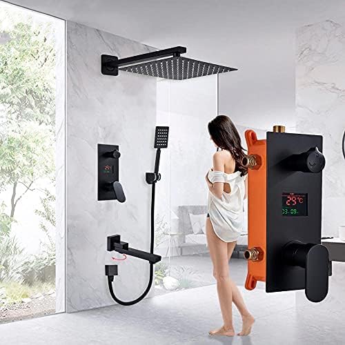 Rubinetto per Doccia da Bagno 3 funzioni Rubinetti per Doccia digitali Nero Opaco Set Soffione Doccia a Pioggia Interruttore a 3 Vie Set Doccia Miscelatore-10 Pollici B,10 Pollici A