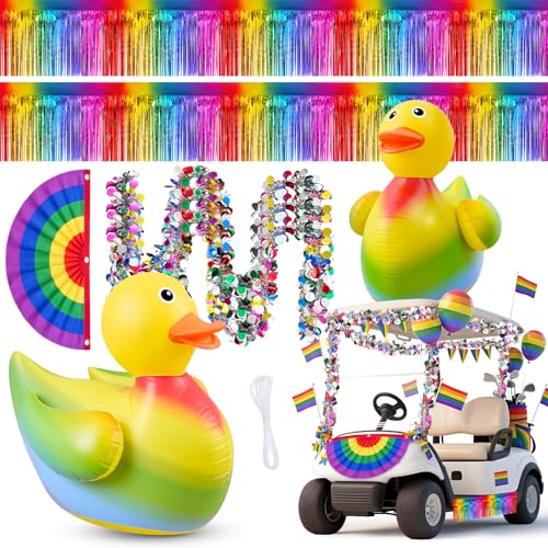 Hungdao 11 Pcs Rainbow Parade Golf Cart Decorations 1Pcs 4 Ft Inflatable Duck With Float Bunting Flag Tinsel Garland For Gay Pride Lgbt Parade Float Decoration