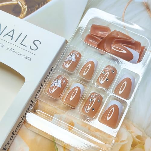 Mkwntg French Tip Press On Nails Medium Square Fake Nails Glossy Full Cover False Nails With Butterflies Rhinestones Designs Cute White French Tip Full Cover Glue On Nails For Women Girls 24Pcs thumb #5