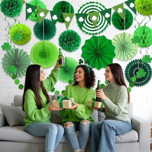 Image of 24 Pcs Green Birthday Decorations Kit, Paper Fans Pom Poms Banner 8-16 in | Green lime clover fans, pom poms, honeycomb balls, banner, swirls for birthday, safari, woodland baby shower, spring decor
