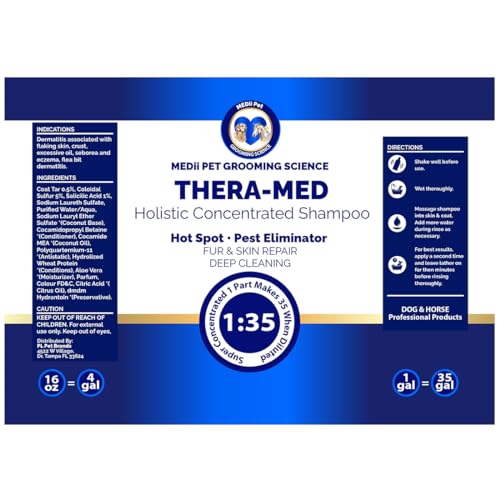 Image of THERA-MED Hypoallergenic Dog Shampoo - Natural Scent, Easy Rinse, Medicated Itch Relief, Vet-Grade Quality - 16 Oz Makes 4 Gallons - for Sensitive Dogs - Trusted Grooming Solution