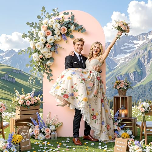 Image of Pale Pink Arch Backdrop Cover 6FT Polyester Fitted Wedding Arch Stand Covers Round Top Chiara Arch Covers Stretchy Backdrop Cover for Birthday Party Ceremony Banquet Decoration