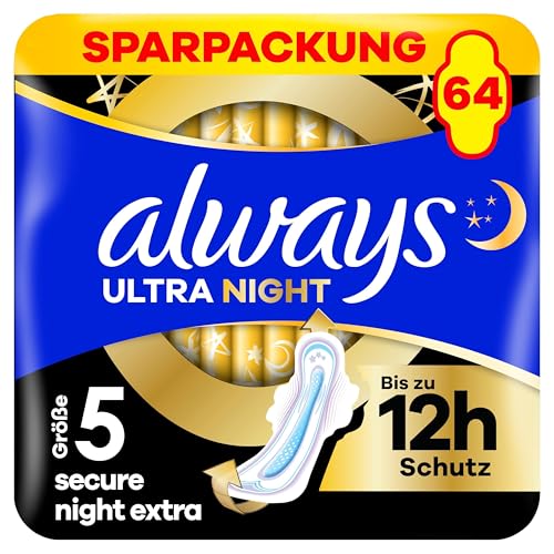 Always Ultra Secure Night Damenbinden (Größe 5) mit Flügeln 64 Stück, Super Saugfähig Und Ultra Dünn, für Die Periode