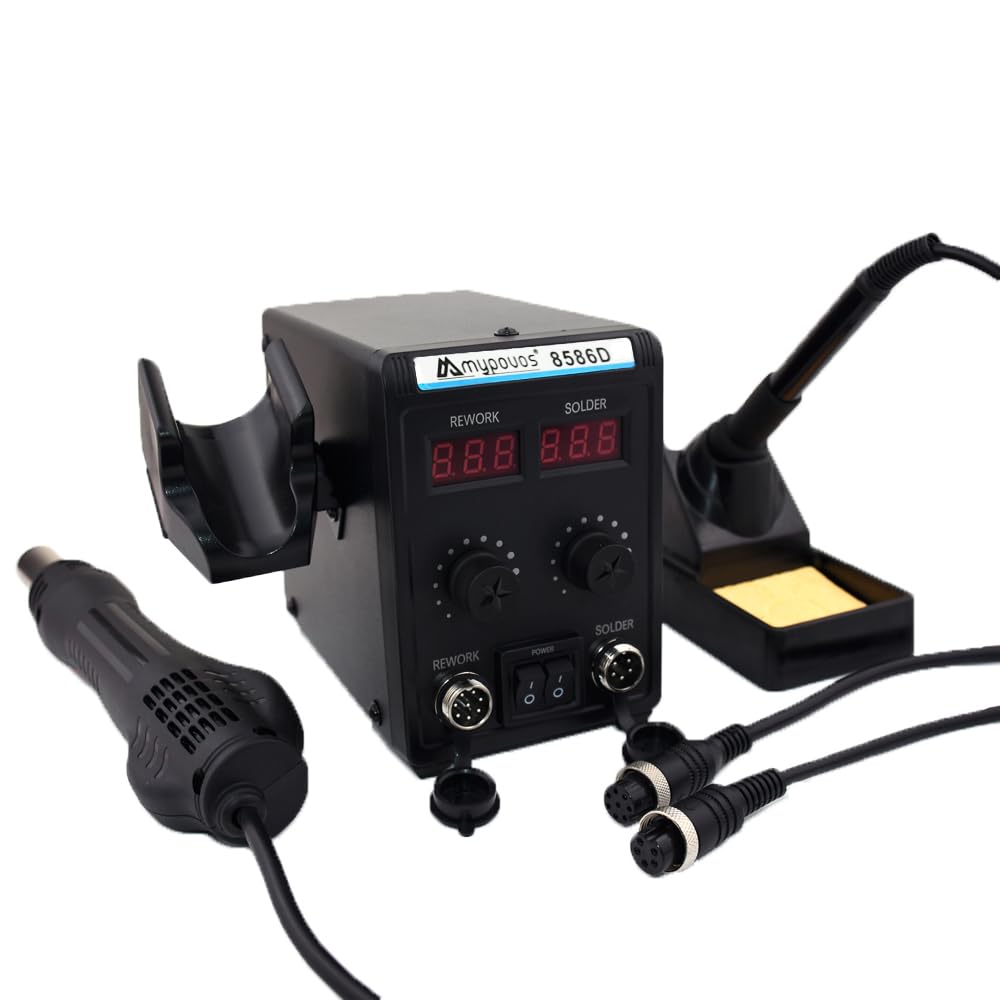 MYPOUOS 8586D - Stazione di saldatura a 110 V, display LCD 2 in 1, display digitale Dual SMD Stazione di rilavorazione a pistola ad aria calda e saldatore, 750 W