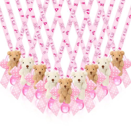 Remuuly 24 Pcs Baby Shower Pacifier Necklaces Cute Plush Bear Acrylic Baby Pacifier Party Favors Bear Pacifier Charms Necklace for Baby Shower Party Decoration Table Pieces (Pink)