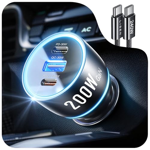 LISEN 200W Car Charger USB C Fast Charge [Gan] PD 140W Fast Car Charger USB C, 3 Port Type C Fast Charging for Multi Device, for iPhone 17 16 15 14 13 12, MacBook Neo, Laptop, iPad, Samsung S26 S25