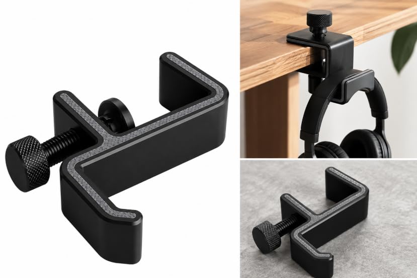 mustown desk clamp headphone holder | adjustable under desk headphone hook | no drill headset hanger for gaming headphones, office desk & studio | black