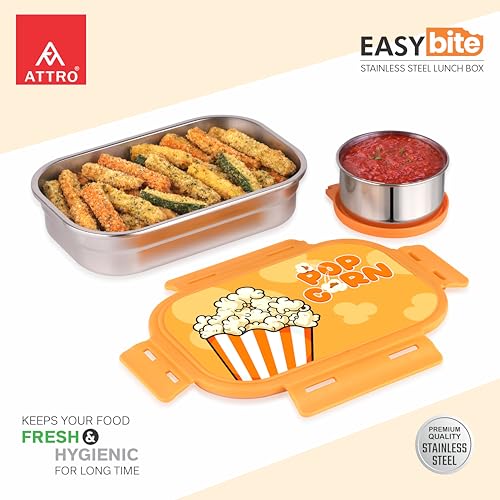 Image of ATTRO Easy Bite Stainless Steel Lunch Box with Inner Steel Body, Airtight 4-Side Lock Lid, Leakproof Silicone Seal, Small Container Office School Kids Tiffin Box - 650ml+150ml-Popcorn Crunch Orange