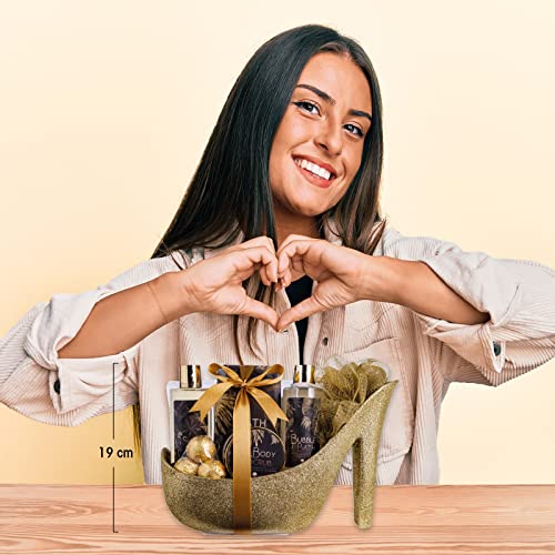 accentra - Women's Vanilla-Almond Scent Gift Set - Luxe Beauty Set met douchegel, badzout, bodylotion, scrub & net spons etc. - 9-delige badset voor vrouwen met glitter keramische stiletto - Afbeelding 4