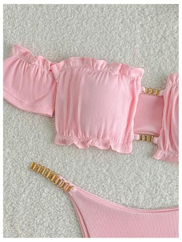 MakeMeChic Women's Bikini Sets Bandeau Chain Frill Trim Rib Knitted Bathing Suit3