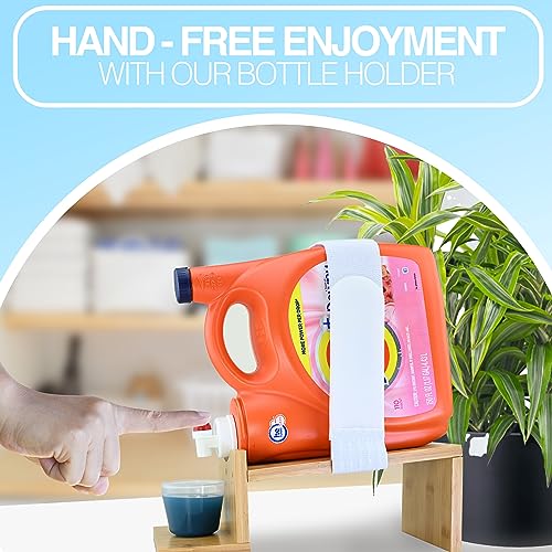 Image of Liquid Laundry Detergent Holder Stand with Tray & Strap - 1 Pack - Wood | Easy Pouring, Rubber Feet, Angled Stand, Fabric Softener Dispenser for Laundry Room Organization & Storage