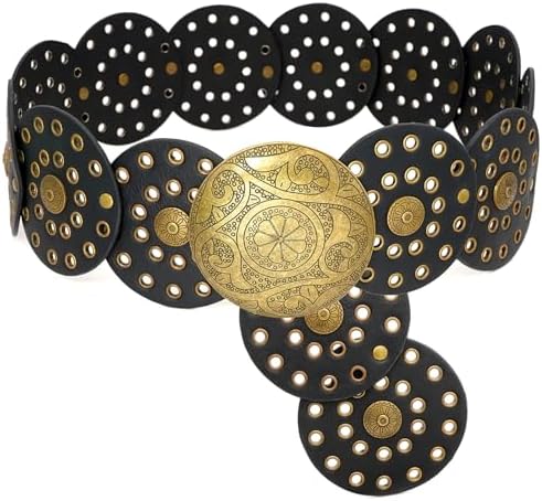 Wide Disc Belt for Women Boho PU Leather Disk Belts for Dresses