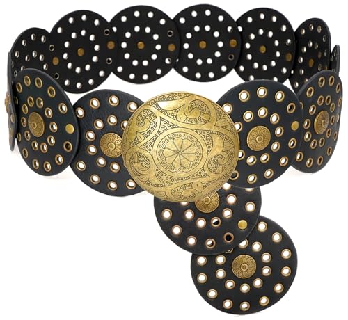 Buywis Brett skivbälte för kvinnor boho disk concho läderbälten västerländsk midjebälten för klänning, Svart, 130CM/51.2IN