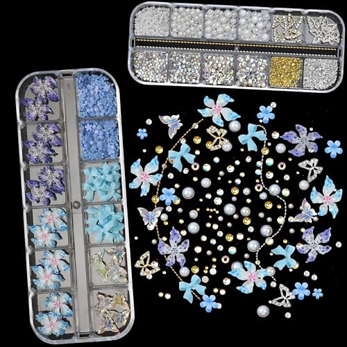 SEMATA 2 Box 3D Flower Nail Charms, Blue Nail Gems Gold Silver Butterfly Flatback Pearl Nails Rhinestones Charms for Nails Art Jewels Design Decor(Blue) — view 2
