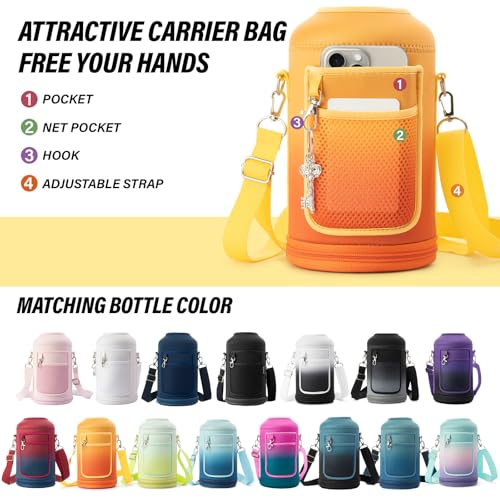 Insulated Water Bottle | Thickened Stainless Steel Vacuum Metal | Portable Sports Half Gallon Large Water Jug for Gym and Hiking with Straw, Carrier Bag, Handle Strap | BPA-Free 64 oz