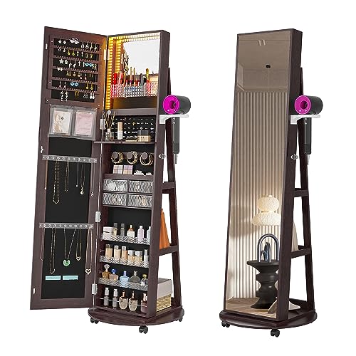 HNEBC 360° Swivel Jewelry Armoire with Mirror, LED Mirror Jewelry Cabinet Standing, Full Length Mirror with Jewelry Storage, Standing Jewelry Organizer/Lockable Wheels/Foldable Makeup Shelf(
