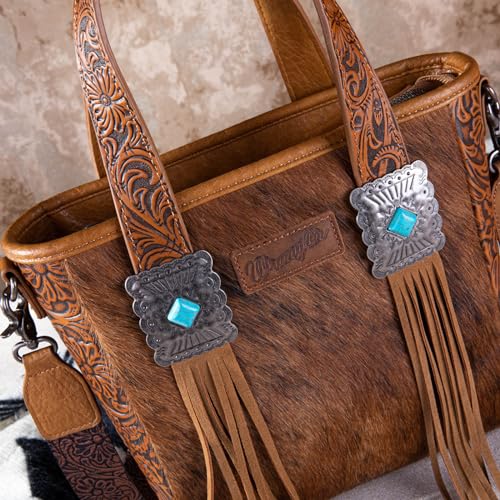 Image of Montana West Wrangler Cowhide Tote Bag for Women Western Tooling Handbag Leather Fringing with Turquoise Stone Concho