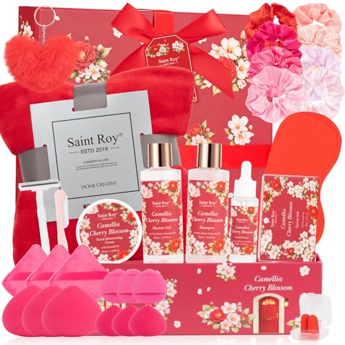 Image of 35Pc Birthday Gift for Women, Cherry Blossom Rose Bath and Body Basket Gift | Spa Gift Basket, Face Skin Care Kit, Home Spa Self Care, Lip Gloss, Birthday, Christmas, Mother, Bridal Shower, Anniversary