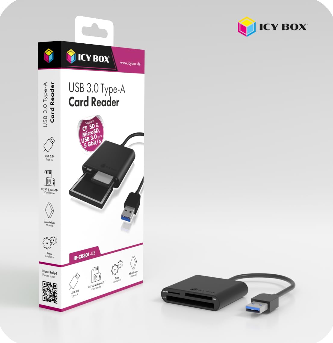 Icy Box IB-CR301-U3, Czytnik Kart Pamięci CF, SD i MicroSD, Czarny