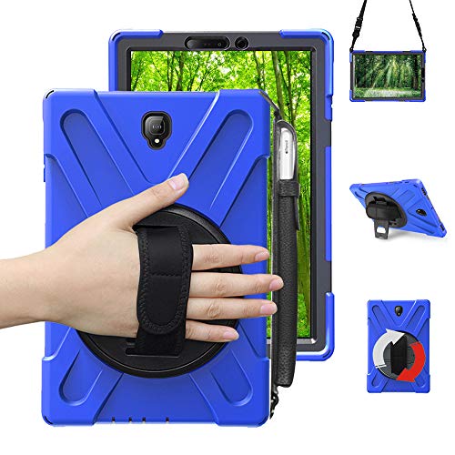 Junfire Coque pour Samsung Galaxy Tab S4 10.5 2018 avec Porte-Crayon,360 Rotatif avec béquille, dragonne et poignée à bandoulière 3 Couches Hybride résistant aux Chocs pour SM-T830,T835 (Blue)