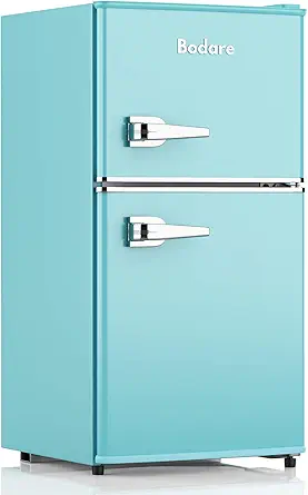 Bodare Retro Mini Fridge with Freezer: 3.2 Cu.Ft Mini Refrigerator with 2 Doors - Small Refrigerator Energy-Saving Compact Refrigerator - Small Fridge for Bedroom Dorm (Blue)
