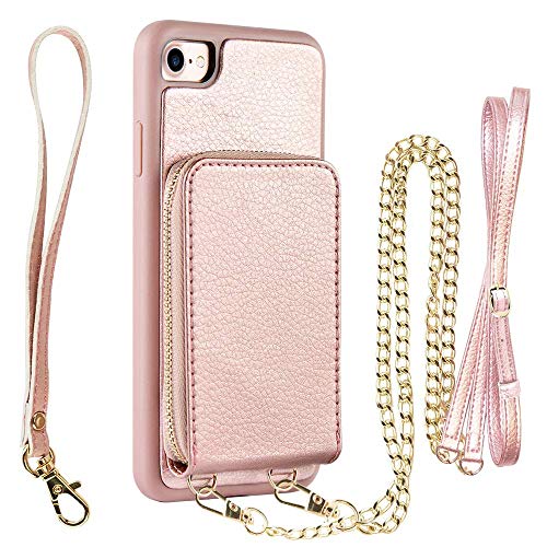 iPhone 6 Plus Zipper Wallet Case, JLFCH iPhone 6s Plus Wallet Leather Case with Card Slot Holder Detachable Wrist Strap Crossbody Chain Purse For iPhone 6/6s Plus 5.5 inch - Rose Gold