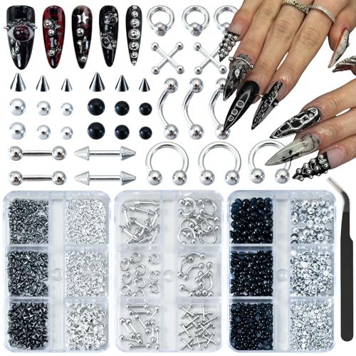 UWETIME 3 Boxes Goth Nail Charms Metal Charms for Nails Studs Black Silver Punk Accessories