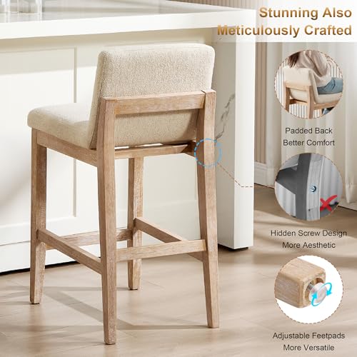 Image of Zesthouse Wood Bar Stools Counter Height Set of 2, 26 inch Modern Bar Stools with Back & Solid Wooden Leg, Mid Century Farmhouse Barstools, Beige Linen High Chairs for Kitchen Island, Antique Brown Finish