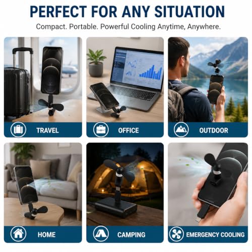 Image of USB Type-C Mini Fan Pack of 6 (OTG Required) | Portable USB-C Cooling Fan for Android Smartphones | Flexible Plug & Play Personal Fan | Compact Pocket Travel Gadget | Black
