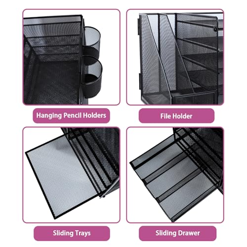 ideallife Schreibtisch Organizer Ablage aus Metall, 5 Ebenen Papier Briefablage mit Aktenhalter, Mesh Schreibtisch Akten Organizer mit Zeitschriftenhalter für Büro Dokumentenablage (Schwarz)