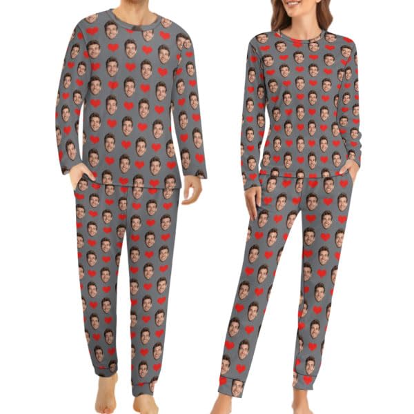 JINMA Personalized Pajamas Sets for Women Man, Customized Face Sleepwear with Photo, Couples Pajamas