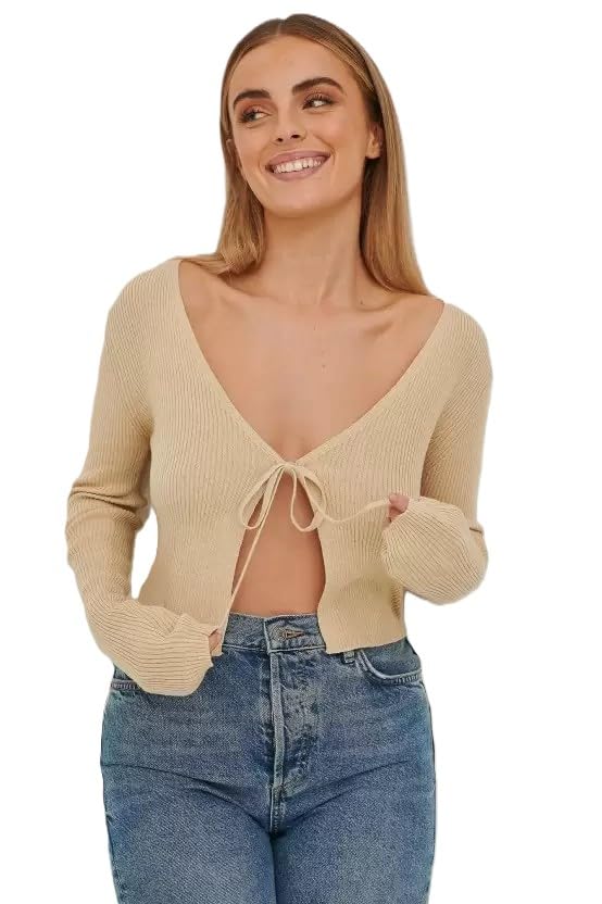 Solid V Neck Cardigan Full Sleeves Regular Fit Casual Ribbed Top for Women