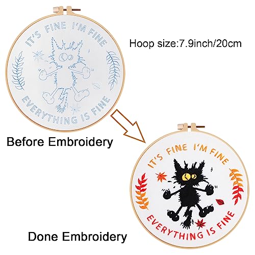 Image of Louise Maelys Everything is Fine Embroidery Kit for Beginners Cat DIY | Cross Stitch Kits Include Pre-Printed Fabric, Embroidery Hoop, Threads, Needles and Guide. Needlepoint Kit for Adults