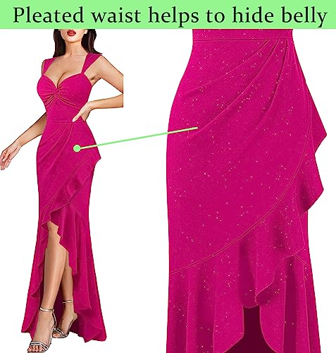 Image of VFSHOW Womens Glitter Sweetheart V Neck Twist Front Backless Ruched Ruffle Slit Formal Evening Gown Maxi Dress