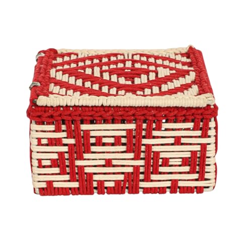 Image of Kaahira Handmade Decorative Storage Box and Organiser | Macrame Gift Hamper Box for Cosmetics, Toiletries & Return Gifts | Aesthetic Rope Woven Organizer (Red and White, Medium - 10x8x4 inches)