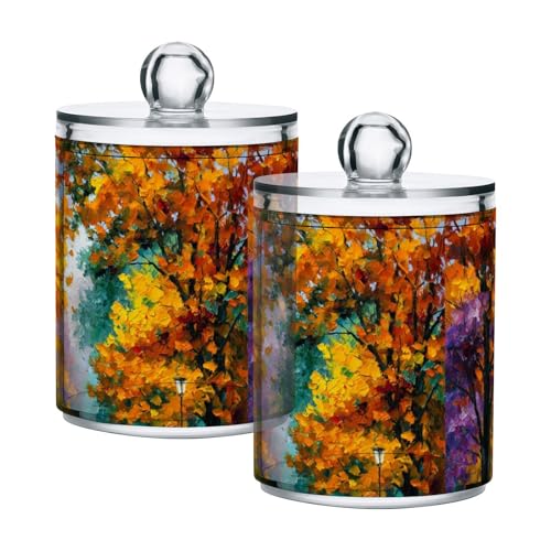 pnyoin 2 Pack Apothecary Jars All Landscape Oil Paint Bathroom Vanity Storage Organizer Set,Small Clear Plastic Storage Jars Bathroom Canister for Cotton Swabs, Rounds, Balls, Qtips,Makeup Sponges, Fl