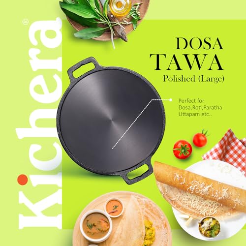 Image of Kichera Pre-Seasoned Cast Iron Dosa Tawa 12 Inch | Super Smooth Polished Surface, Dual Handles & Induction Compatible | Naturally Non-Stick, Pure & Toxin-Free Roti Pan for Dosa, Chapati, Paratha
