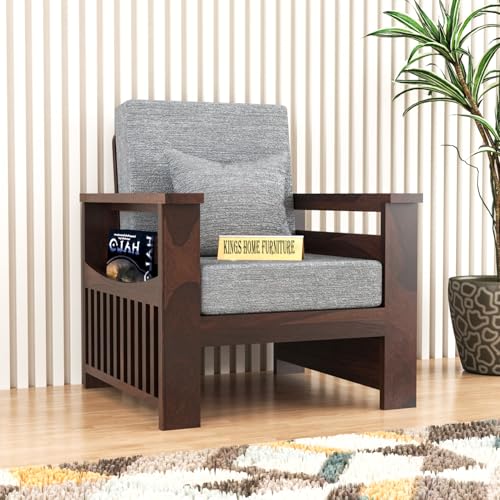 Image of Sheesham Wooden 1 Seater Sofa for Living Room | Rosewood 1 Seater Cushion Sofa Side Half Moon Rack | Solid Wood Sofa Set for Lounge (1 Seater,Walnut Finish)