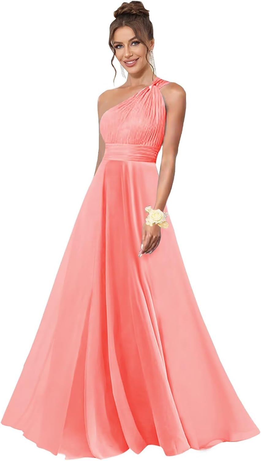 One Shoulder Bridesmaid Dresses for Women A Line Long Formal Dress Evening Gown with Pockets