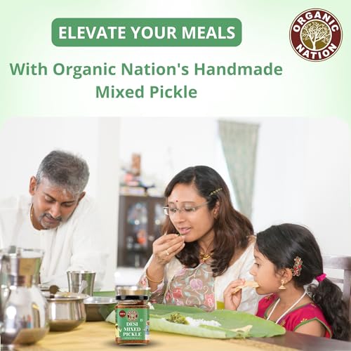 Image of ORGANIC NATION Deliciously Tangy Mixed Pickle | Pickles with Fresh Ingredients | Authentic Mixed Vegetable Pickle | Traditional Indian Achaar| No Preservatives | 250g Jar | Vibrant Green