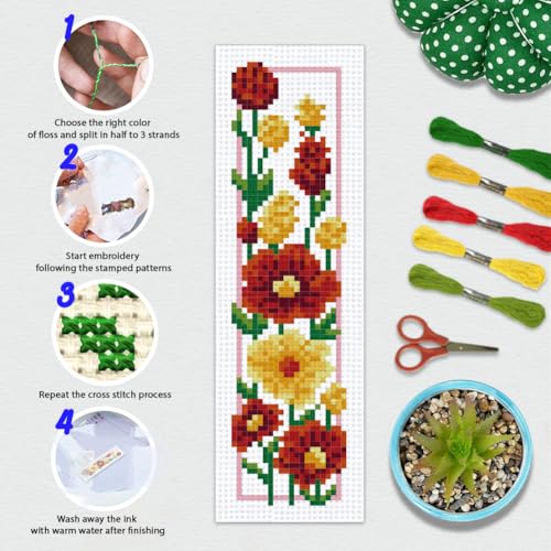 Image of BEUNITONE 6 Set Floral Bookmark Cross Stitch Kits for Beginners with Instructions Floral Bookmarks Cross-Stitch Kit Stamped Embroidery Bookmark DIY Crafts Book Marker for Book Lovers 8''x2.4'' 11CT