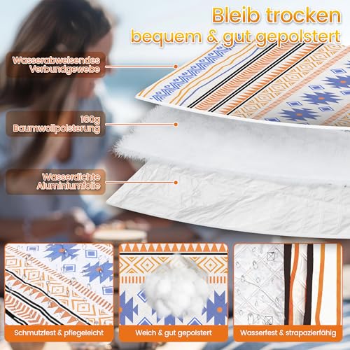 Picknickdecke XXL 200x200 cm – extra groß, wasserdicht & waschbar, modernes geometrisches Muster in Orange & Blau, isoliert & gepolstert, faltbar mit Tragetasche – für Strand, Park & Picknick