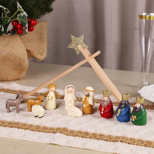Juegoal Conjuntos de presépio de Natal, conjunto de 11 mini estatuetas de resina de presépio de Nata
