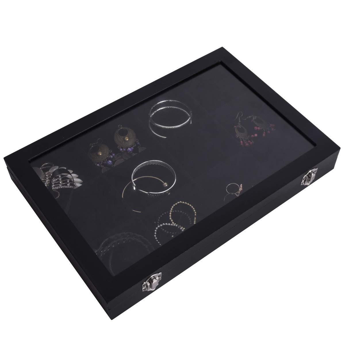 AUTOARK Velvet Clear Lid 12 Grid Jewelry Box Showcase Display Organizer, nero, AJ-082