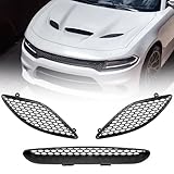 VLINCAR Hood Bezel Set 3pcs Compatible with Dodge Charger SRT Hellcat 2015 2016 2017 2018 2019 2020 Front Trim Grill Black 68202462AB 68202581AB 68202580AB
