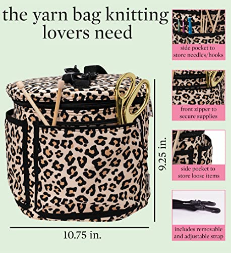 Steel Mill & Co Yarn Tote, Stylish Knitting Bag, Large Capacity Organizer for Knitting & Crochet Supplies, Craft Tote with Yarn Divider and Pockets for Hooks & Needles (Leopard)