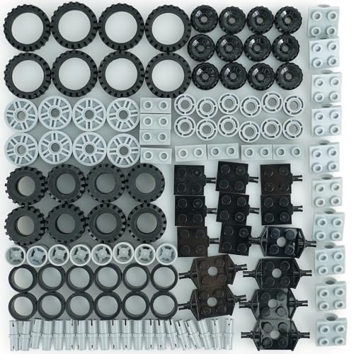 BroTex Set of 120 Wheels and axles, car Tyres, Suspension Parts, Building Blocks, Compatible with The Most Important Brands