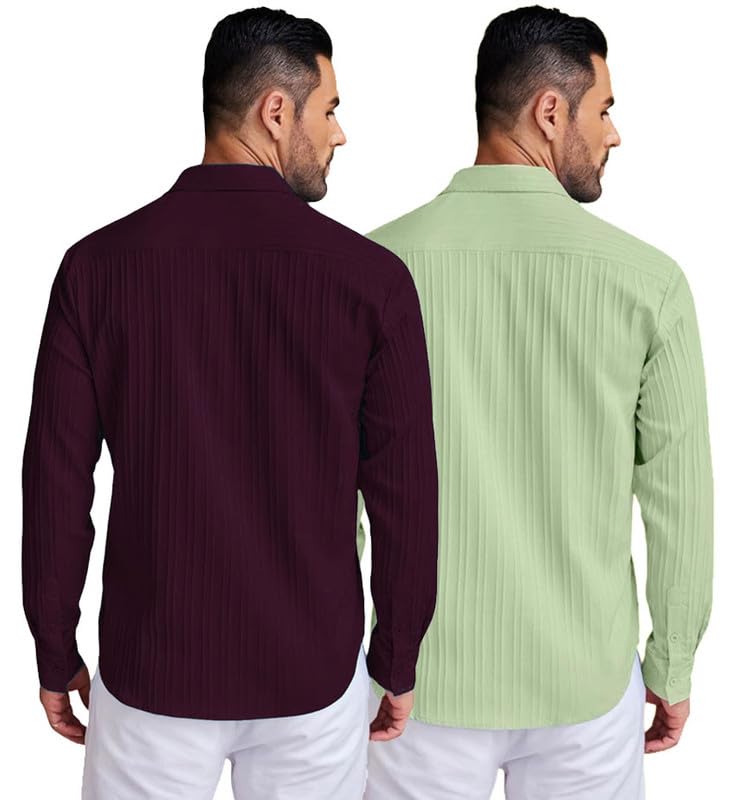 Image of DEELMO Combo of Men's Casual Button Down Shirts Long Sleeve Linen Shirt Fashion Textured Summer Shirts Pack of 2